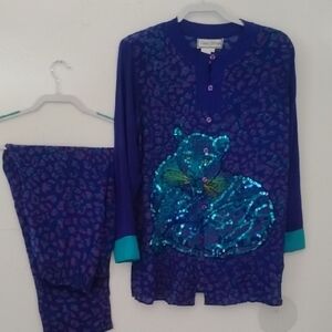 Diane Gilman Washable Silk Vintage Sequin Leopard Outfit Top Pants M
